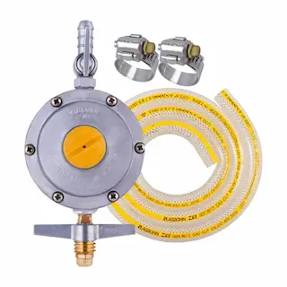 Kit de gás industrial alta vazão 2kg amarelo completo com mangueira. Ideal para fogões industriais. Disk Gás ALIGGAZ Uberlândia.